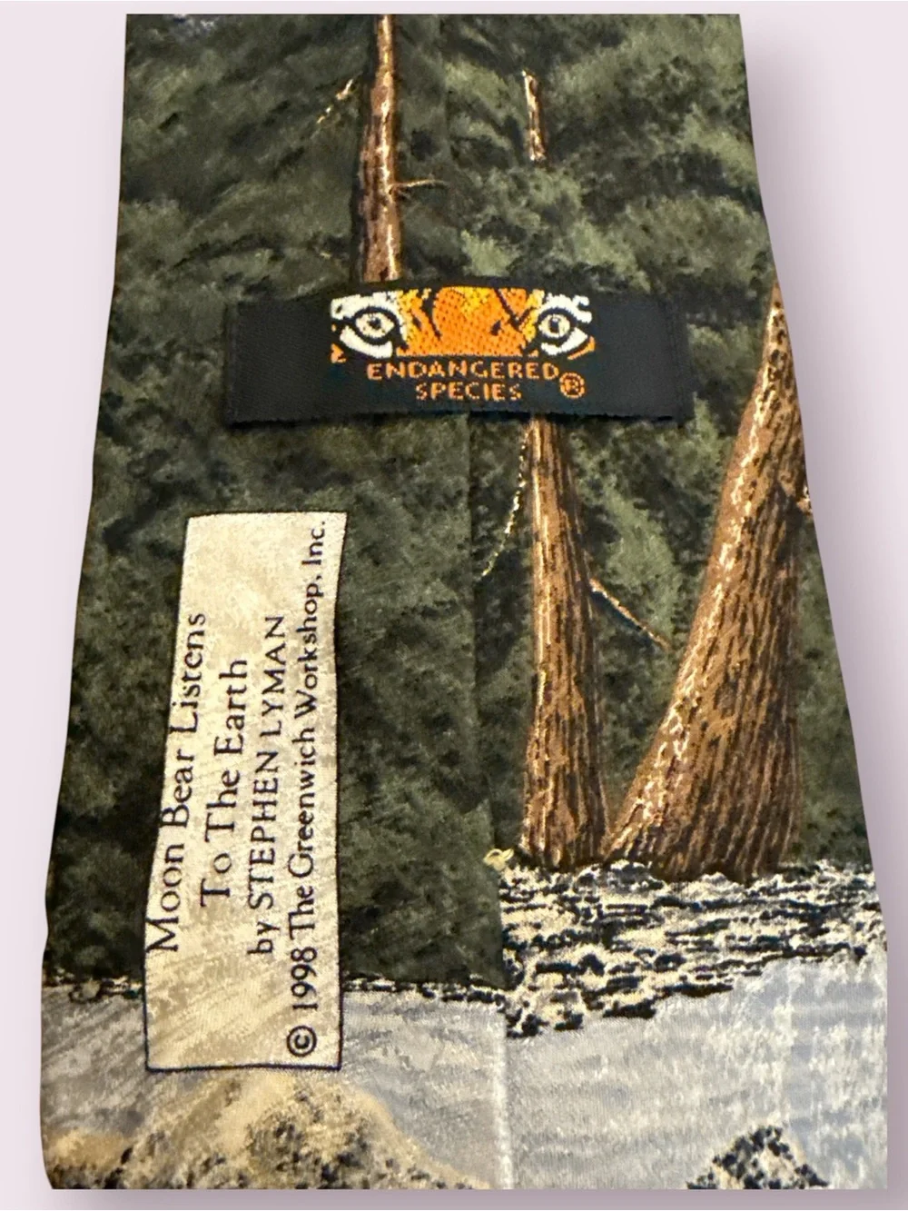 VTG Endangered Species silk necktie features a detailed grizzly bear in a forest